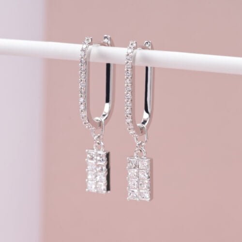 Double “U” Wire Earrings with Rectangle Pendant - Diamond Earrings